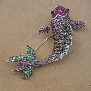Y2K McBling Style Purple Green & Topaz Jewel Silver Tone Koi Fish Brooch/Pendant